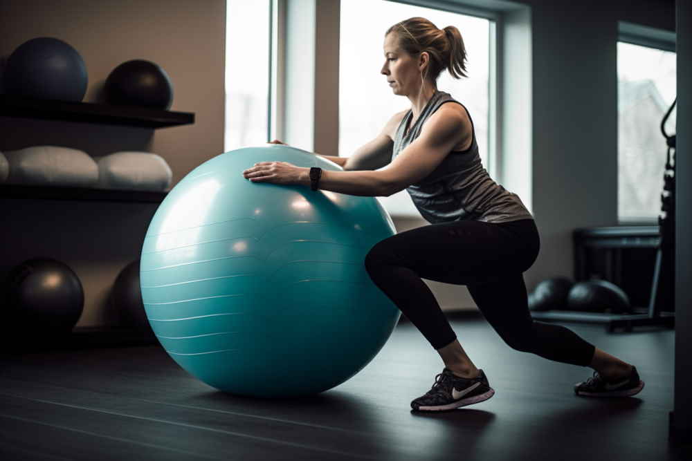 photograph of a pregnant woman using a Swiss ball