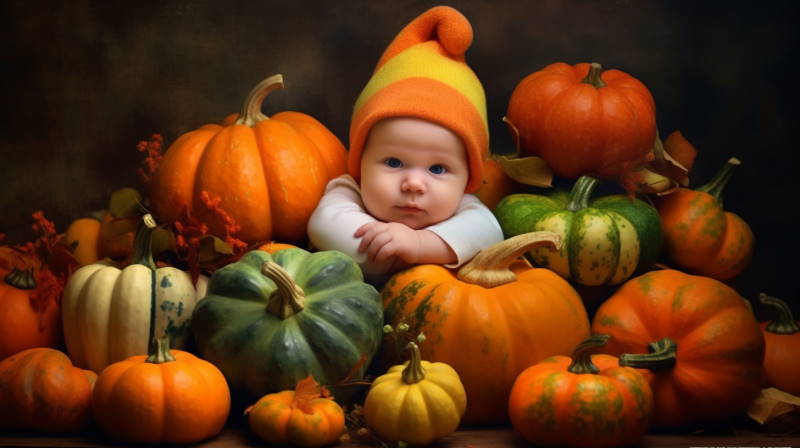 October baby with pumpkins